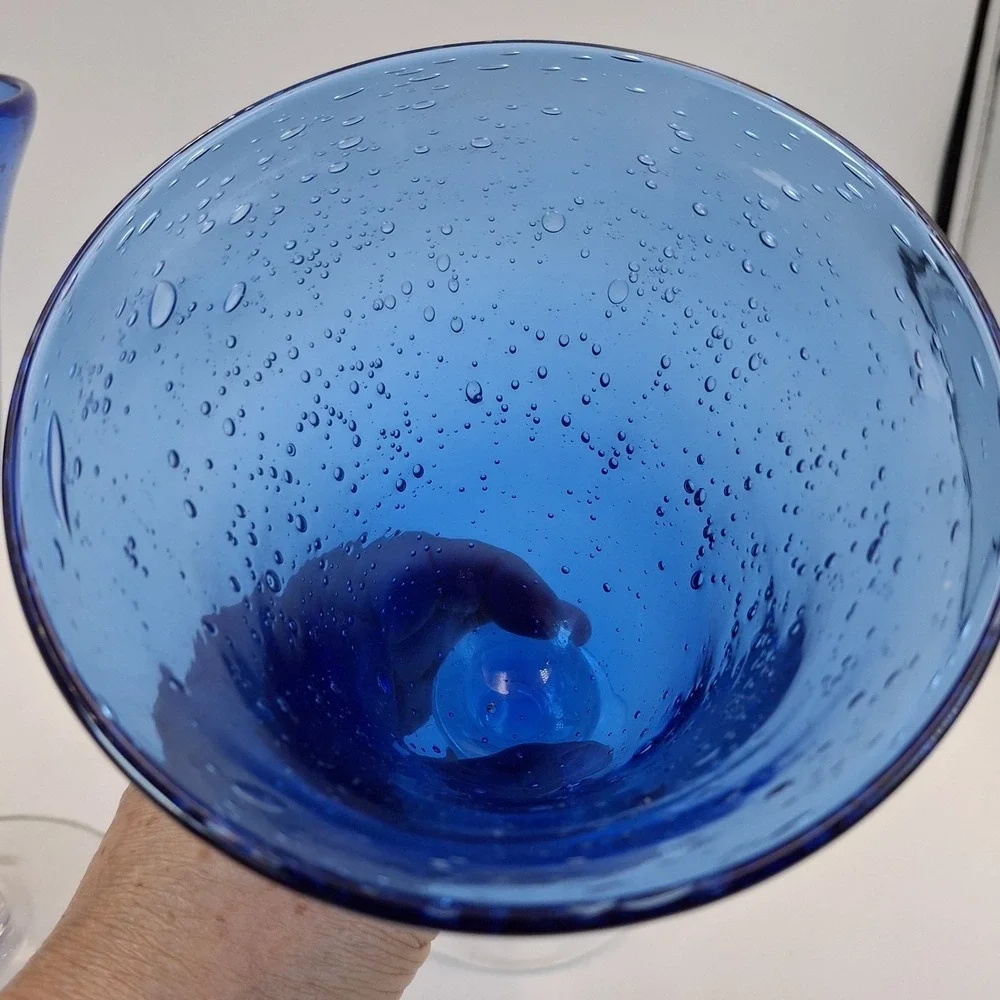 Pair Hand Blown Cobalt Blue Bubble Glass Goblets Clear Stem 8.5